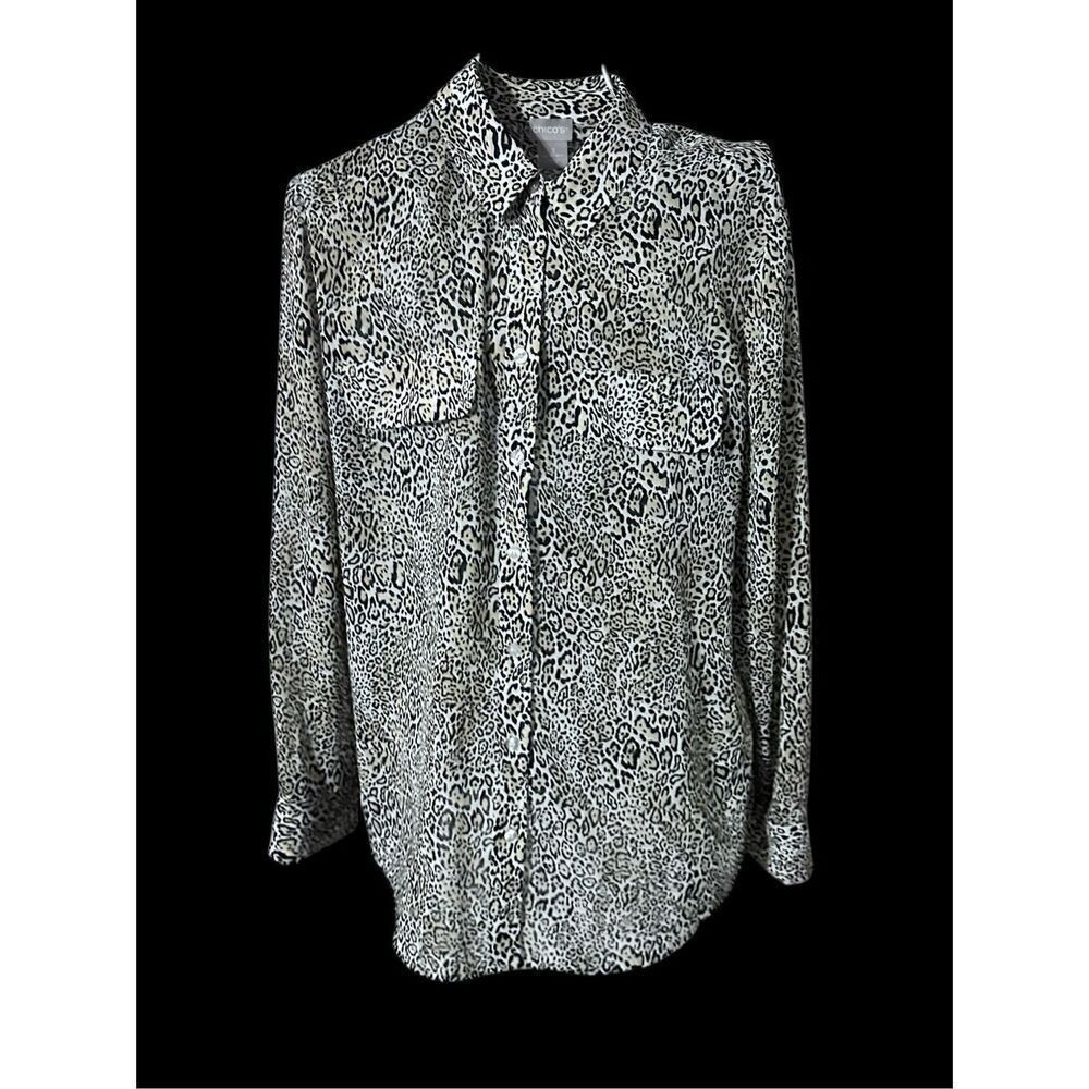 GREAT CONDITION WOMEN CHICOS WRINKLE RESISTANT ANIMAL LEOPARD BLOUSE TAN GRAY BL - Picture 8 of 13
